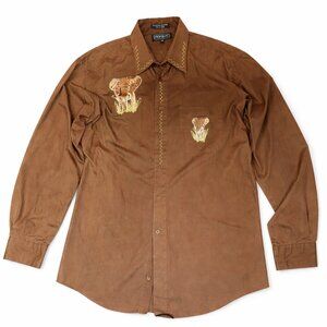 Marquis Brown Button Down Shirt – Embroidered Elephants – Men’s Large – EUC